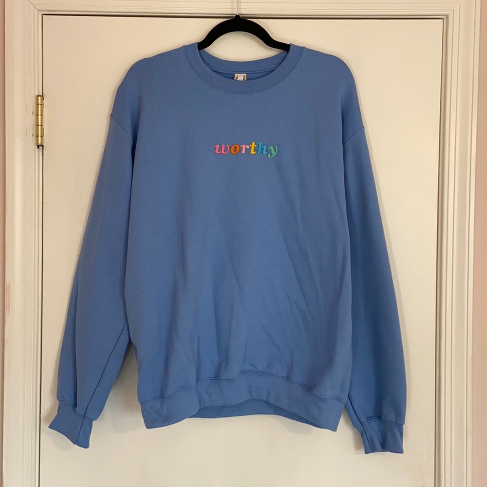 Shop Darling “Worthy” Blue Embroidered Sweatshirt